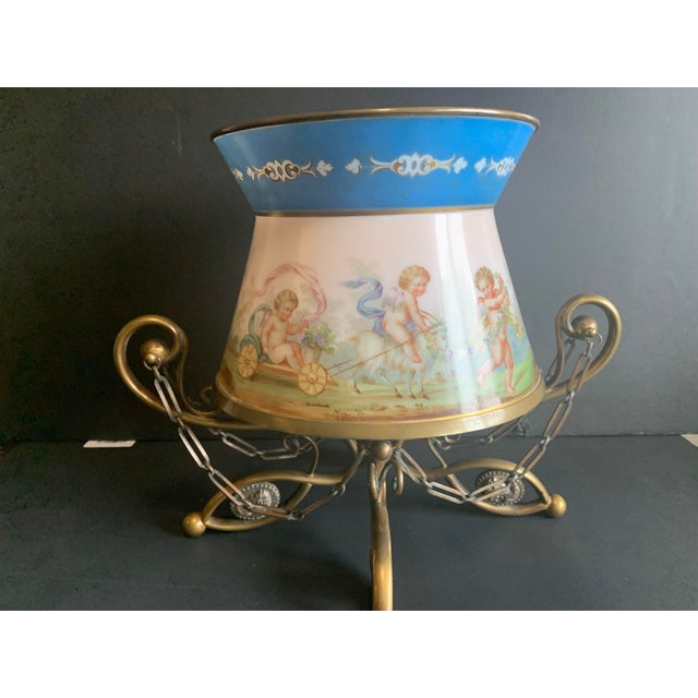 Large Antique French or Austrian Figural Art Glass Cache Pot Jardiniere in Bronze Cradle Stand & Bronze Rim For Sale - Image 9 of 14