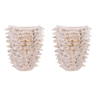 Large Clear Murano Glass Wall Lamps with Spikes and Gold Finish Frames, 1990s, Set of 2 For Sale