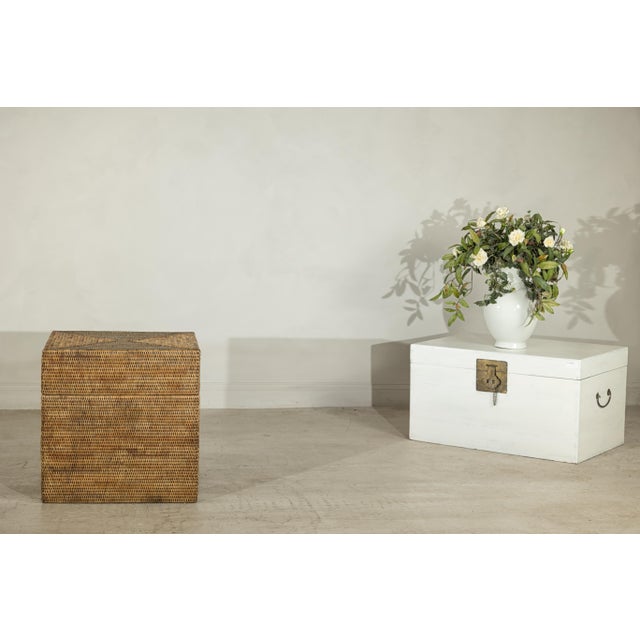 Country Style Square Handwoven Rattan Basket with Removable Lid For Sale - Image 17 of 18