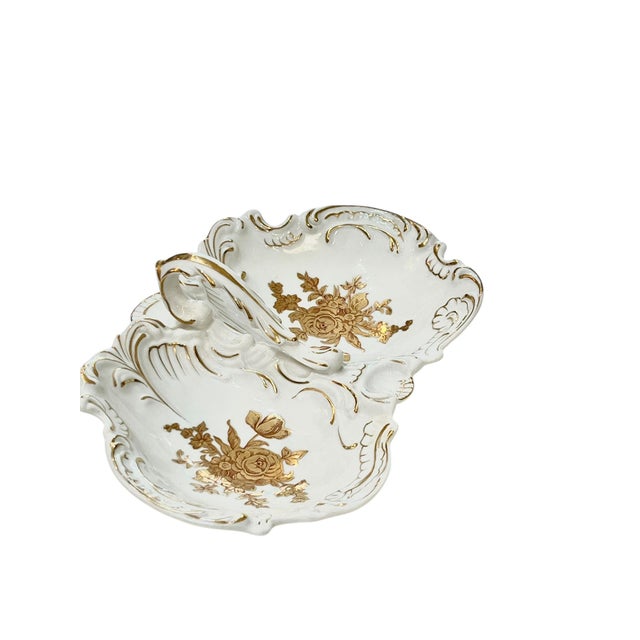 Rococo Vintage French Porcelain Shell Form Serving Dish With Gold Rose Decoration For Sale - Image 3 of 11