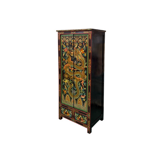 Asian Oriental Tibetan Style Golden Dragon Graphic Tall Slim Storage Cabinet For Sale - Image 3 of 15