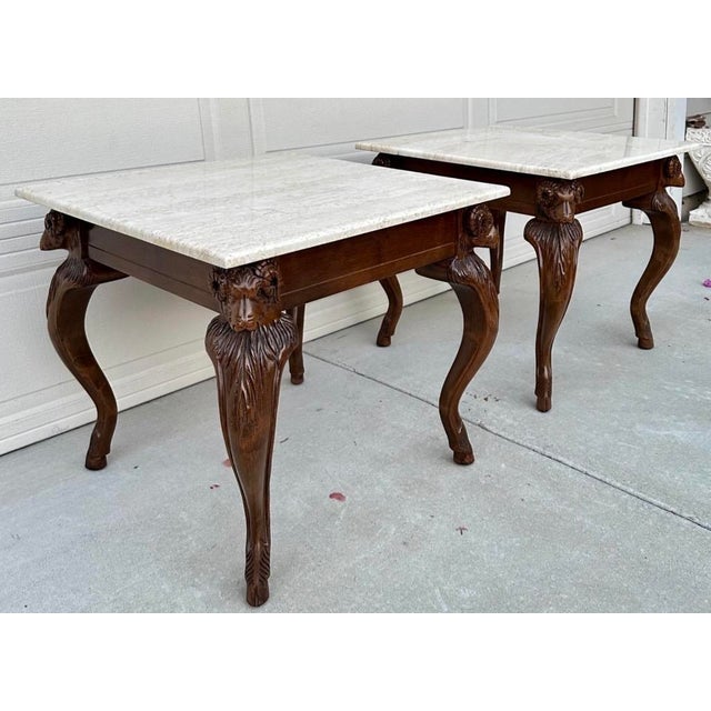 Vintage Ram’s Head Carved Walnut & Travertine Side Tables Attributed to Minton Spidell – Pair For Sale - Image 13 of 18