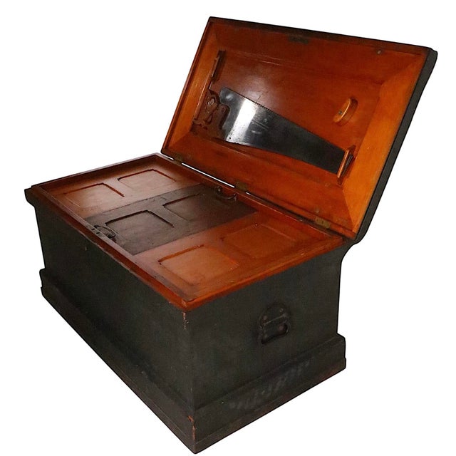 Gray Antique Fitted Wood Carpenters Box Trunk Coffee Table For Sale - Image 8 of 18
