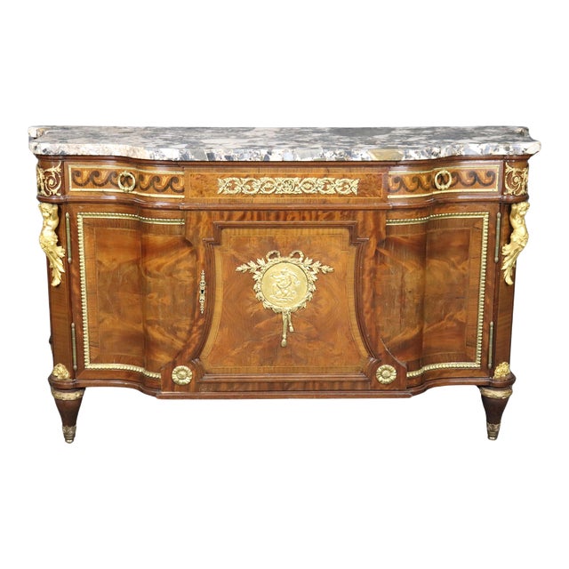 French Linke Quality Antique Mahogany Commode with Dore' Bronze Putti Mounts For Sale