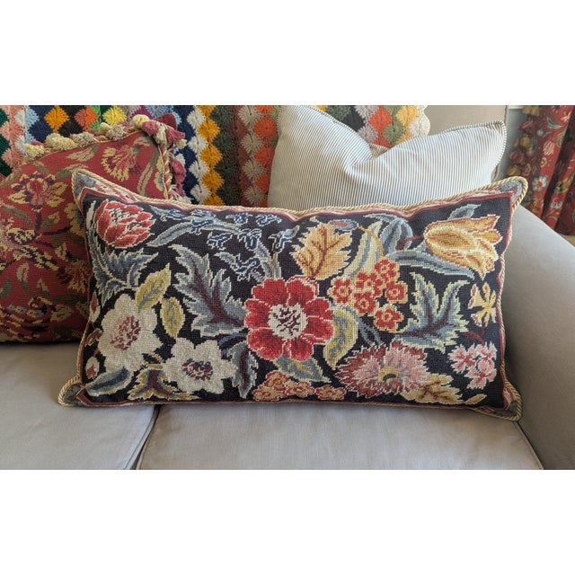 Orvieto Botanical Floral Needlepoint Lumbar Pillow with Solid Black Velvet Backing 27" x 14" Hidden Zipper Includes Poly...