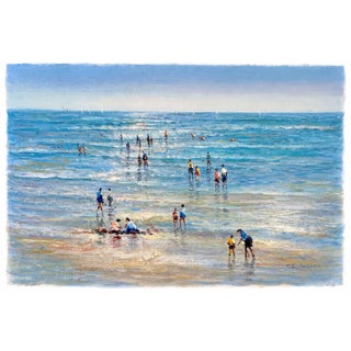 Beach Day Ocean Scene With Figures in Surf, Original Painting by J. Mogan For Sale