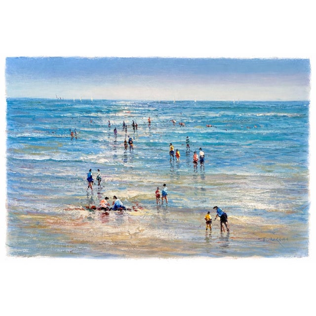 Beach Day Ocean Scene With Figures in Surf, Original Painting by J. Mogan For Sale
