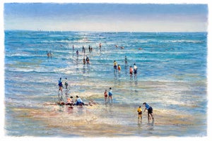 Beach Day Ocean Scene With Figures in Surf, Original Painting by J. Mogan