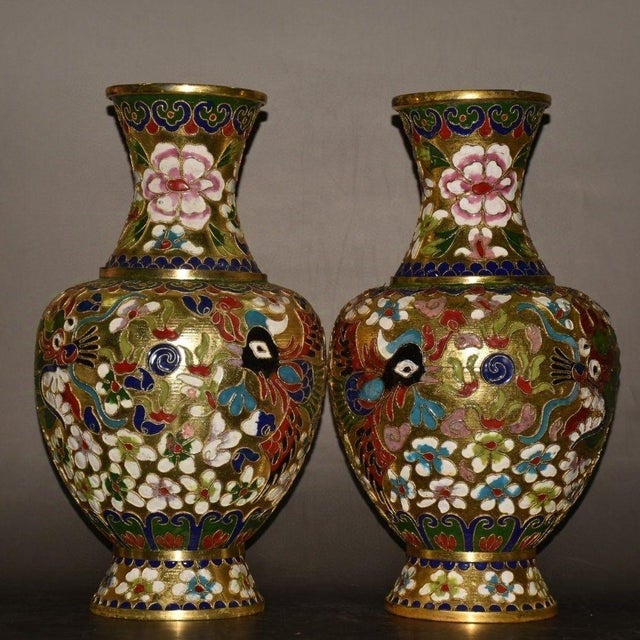 Pair of Vintage Chinese Cloisonné Dragon & Phoenix Vases With Gilded Ground For Sale In Los Angeles - Image 6 of 9