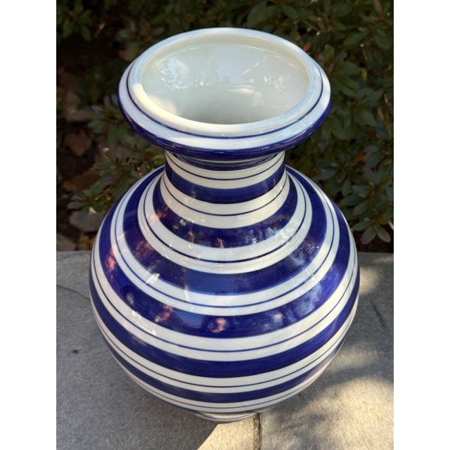 Large Contemporary Blue and White Striped Porcelain Vase For Sale In Chicago - Image 6 of 8