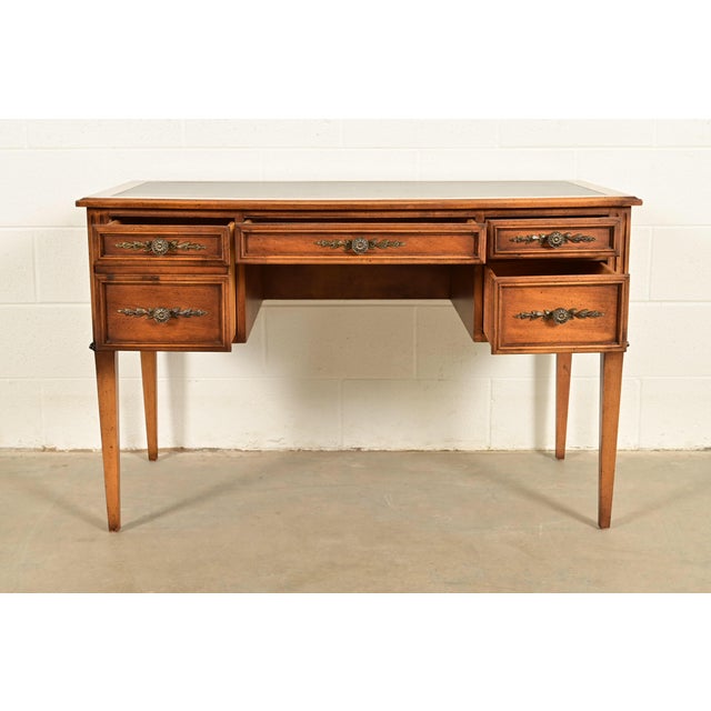1960s Sligh Furniture French Regency Louis XVI Carved Walnut Leather Top Writing Desk, Circa 1960s For Sale - Image 5 of 14