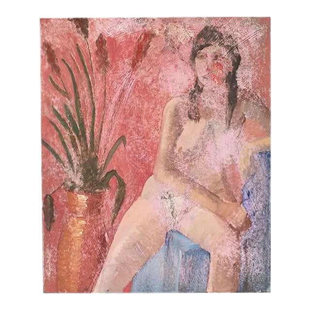 Tall Portrait Nude and Botanical Motif Painting of a Woman in Pink, Clair Seglem For Sale