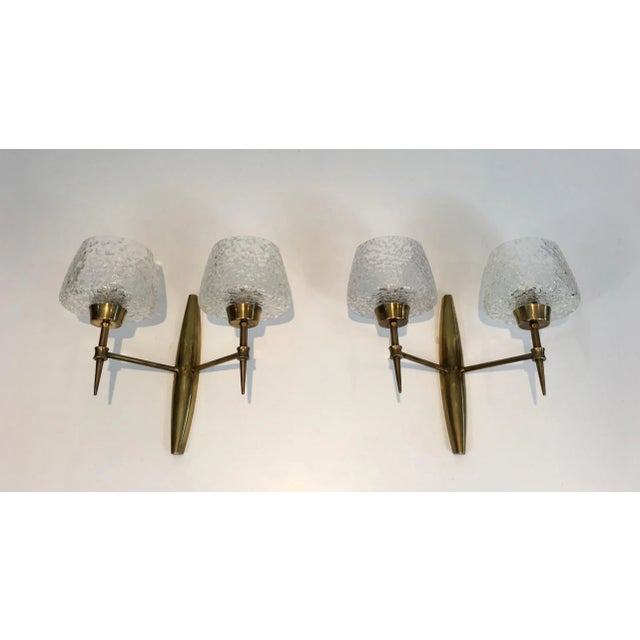 1960s Bronze wall Sconces with Worked Glass Reflectors, Italian, circa 1960 - A Pair For Sale - Image 5 of 13