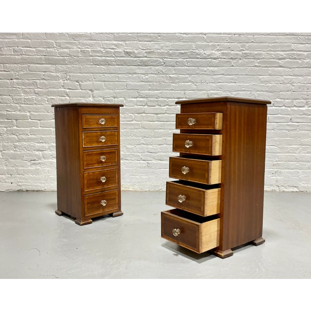 Pair of Federal Style Narrow Mahogany Dressers | 1920's Skinny Nightstands Glass Knobs For Sale - Image 10 of 13