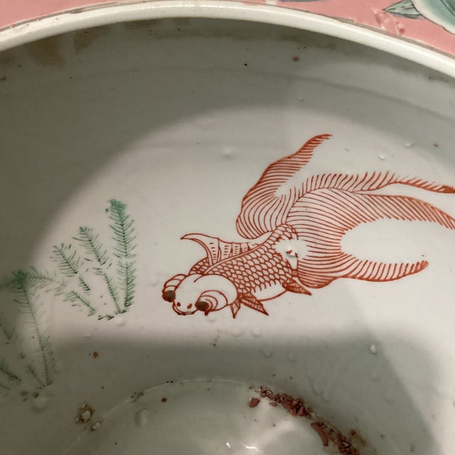 Vintage Large Chinoiserie Large Porcelain Koi Fish Bowl Planter Floral Motif For Sale - Image 9 of 12