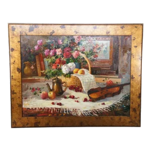 20th C. Realist Still Life Signed Oil Painting Canvas Fruit Violin Flowers 48"