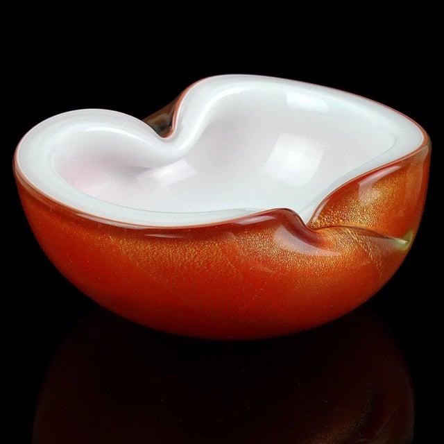 Beautiful vintage Murano hand blown orange over white, and gold flecks Italian art glass decorative bowl / ashtray....