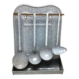 Vintage Gray Enamelware Graniteware Utensil Rack Holder With 4 Gray Utensils For Sale