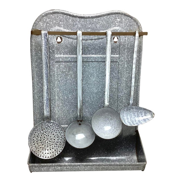 Vintage Gray Enamelware Graniteware Utensil Rack Holder With 4 Gray Utensils For Sale