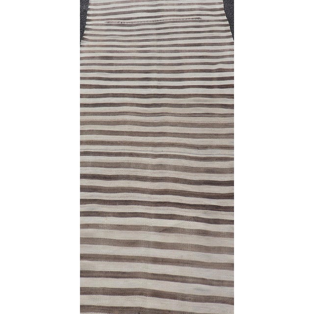 Mid 20th Century Vintage Turkish Kilim Runner Brown Stripe Ivory Neutral Wool Flatweave For Sale - Image 5 of 12