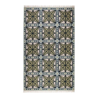Part & Parcel Goods Wool Star Rug, 2’6” x 10', Sage, Navy, Sky Blue and Eggshell For Sale