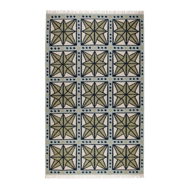 Part & Parcel Goods Wool Star Rug, 2’6” x 10', Sage, Navy, Sky Blue and Eggshell For Sale