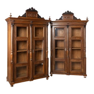 Pair, Late 19th Century Walnut Display Cabinet Bookcases With Glass Panels For Sale