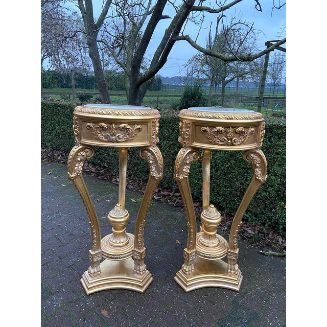 Late20C Artisan Louis XVI Gold Beech Marble Side Tables-Pair For Sale - Image 4 of 8