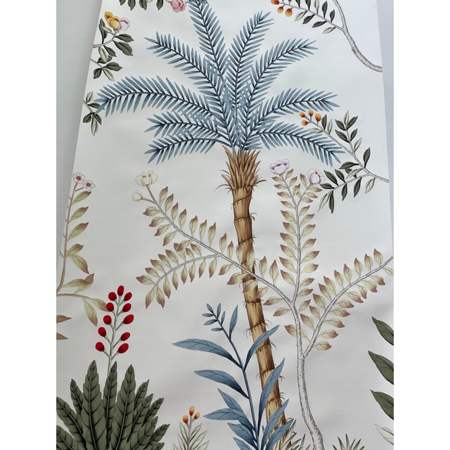 Chinoiserie Tropical Hand-Painted Wallpaper Panels, Soft Off-White Background With Floral & Palm Mural, Set of 3 For Sale - Image 4 of 4