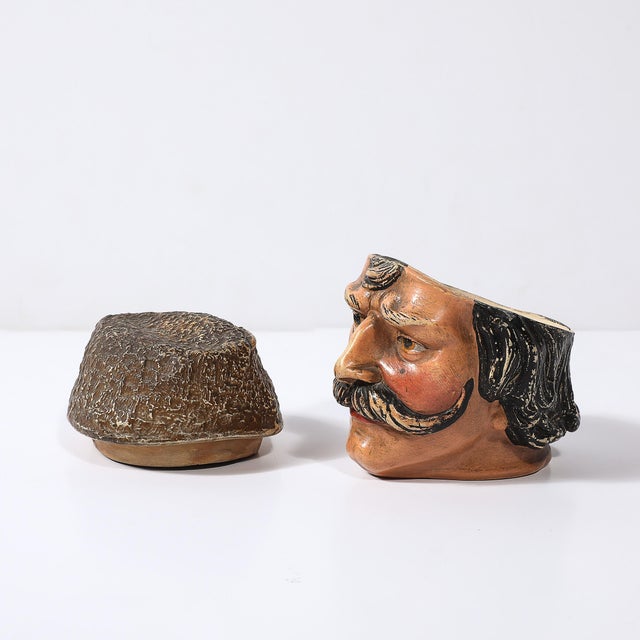 Brown Antique Hand-Painted Ceramic Tobacco Jar of a Man With Hat & Mustache For Sale - Image 8 of 11