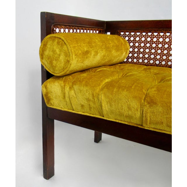 C.1970's Crushed Velvet Velour Button-Tufted Upholstered Caned Wood Bench With Bolster Pillows For Sale - Image 10 of 18