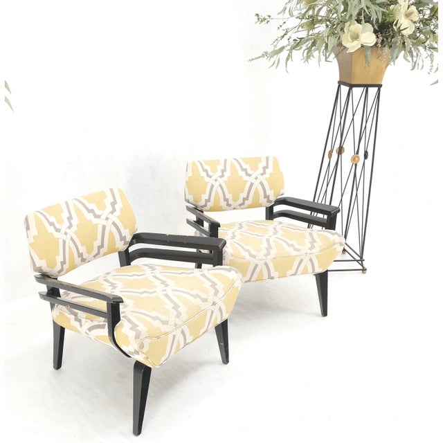Mid 20th Century Pair of Mid-Century Modern Black Lacquer Abstract Fabric Lounge Chairs AS IS For Sale - Image 5 of 14
