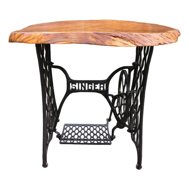 Antique Live Edge Cedar Wood Slab Side Table on Cast Iron Singer Treadle Base ~ Rustic Industrial Handmade Design For Sale