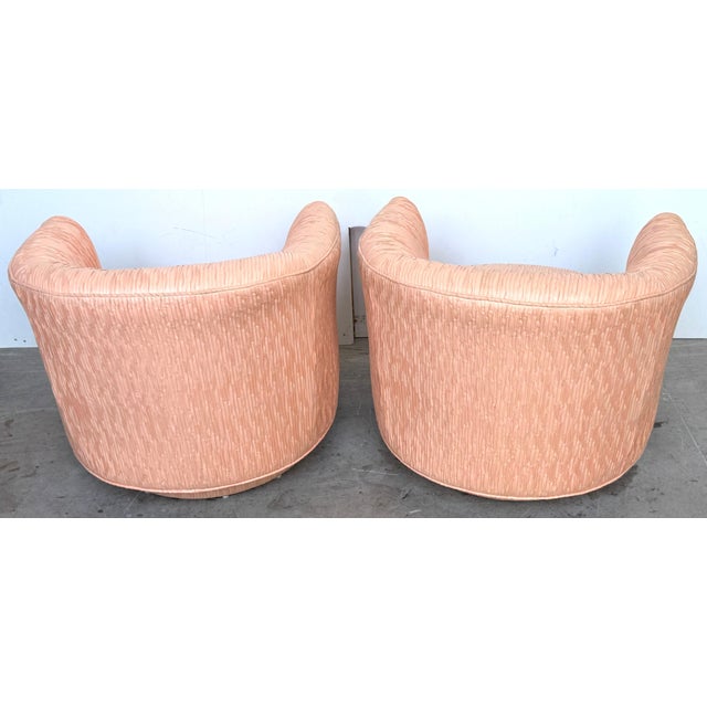 Pair of Diminutive 1970s Pink Silk Channel-Quilted Swivel Club Chairs For Sale - Image 12 of 15
