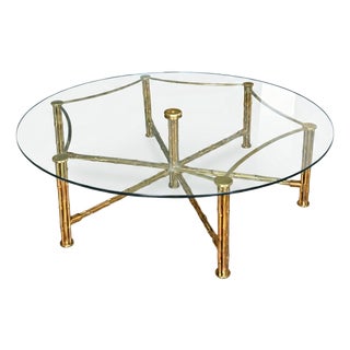Mid-Century French Coffee Table with Brass Faux Bamboo and Glass Top, 1960s For Sale
