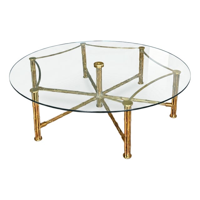 Mid-Century French Coffee Table with Brass Faux Bamboo and Glass Top, 1960s For Sale