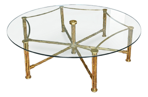 Mid-Century French Coffee Table with Brass Faux Bamboo and Glass Top, 1960s
