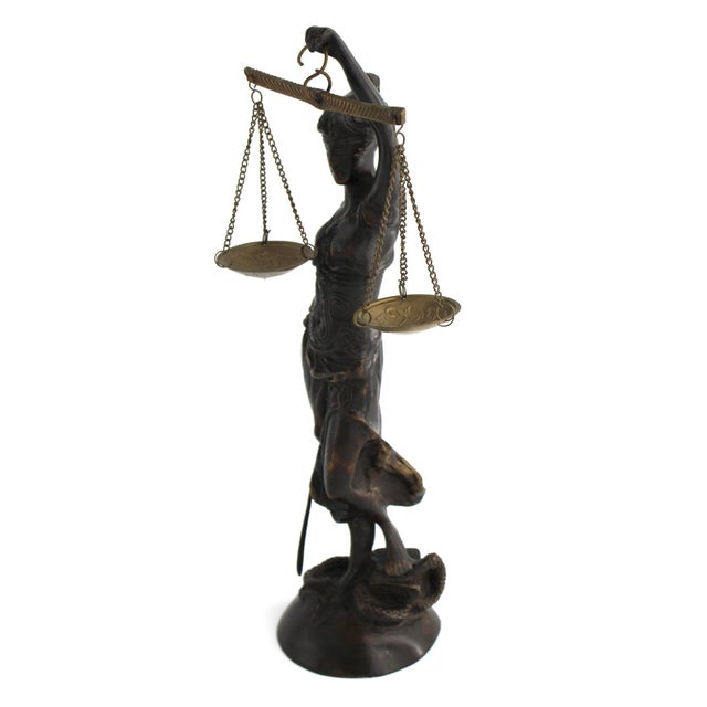 Metal Late 20th Century Bronze Lady Justice Statue With Blindfold and Scales, Heavy, 15.25" Tall, Law Office Decor For Sale - Image 7 of 9