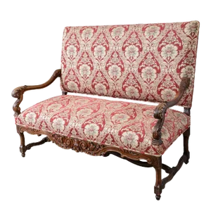 Antique French Oak Upholstered Settee With Carved Details