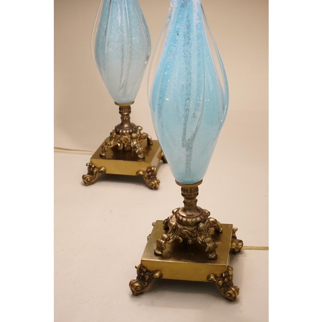 1960s Large Barovier Toso Murano Italy Thick Aqua Swirl Art Glass Ornate Brass Table Lamps - a Pair For Sale In Los Angeles - Image 6 of 11