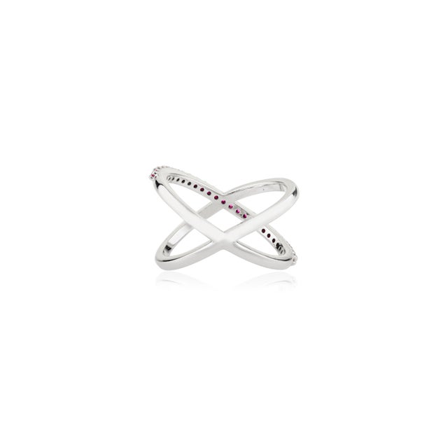 Metal 14k White Gold Unique Criss Cross Ruby Ring With Diamond Size 7 For Sale - Image 7 of 12