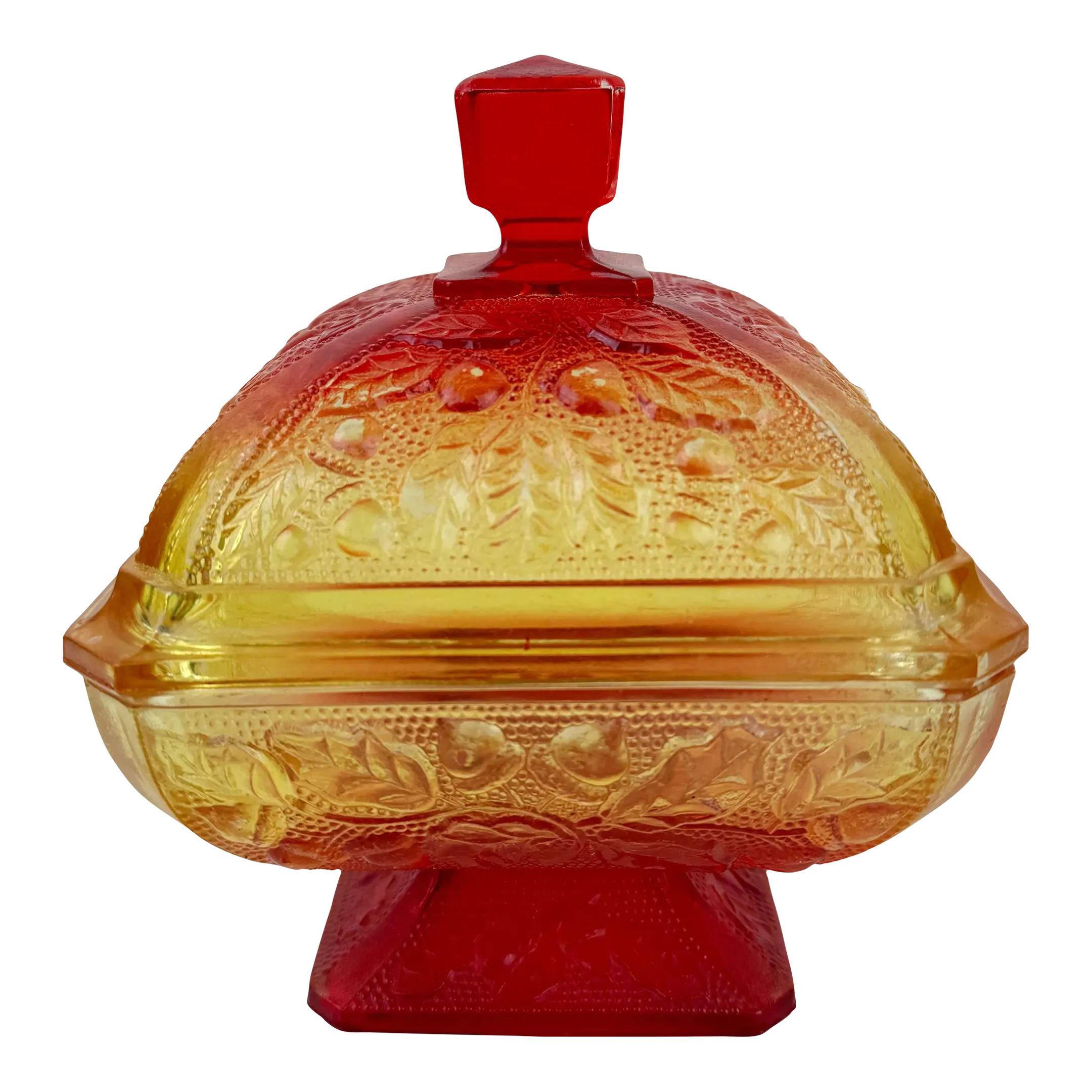 1960s Jeannette Glass Vintage Amberina Acorn and Oak Leaf Candy