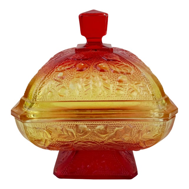 1960s Jeannette Glass Vintage Amberina Acorn and Oak Leaf Candy Dish For Sale