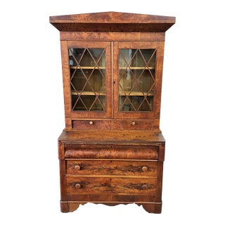 19th Century Burled Walnut Secretary Desk With Bookcase For Sale