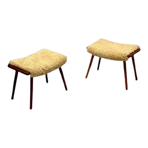 Swedish Mid-Century Modern, Stools, Honey Sheepskin, Walnut, Sweden, 1970s