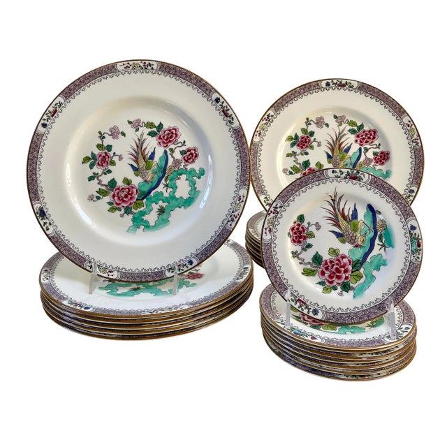 Crown Staffordshire Chinoiserie Porcelain Rock Bird Dinner Plates - Set of 22 For Sale