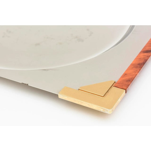 Silver Signed Guy Degrenne French Burled Wood, Gold Plated Brass and Stainless Steel Square Tray For Sale - Image 8 of 11