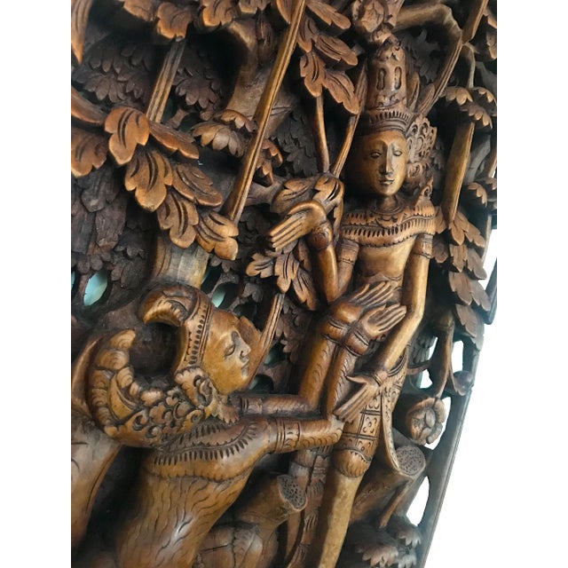 Balinese Hand Carved Wood Sculptural Wall Panels, Rama & Sita From the Ramayana Epic Saga, Three Dimensional For Sale - Image 11 of 12