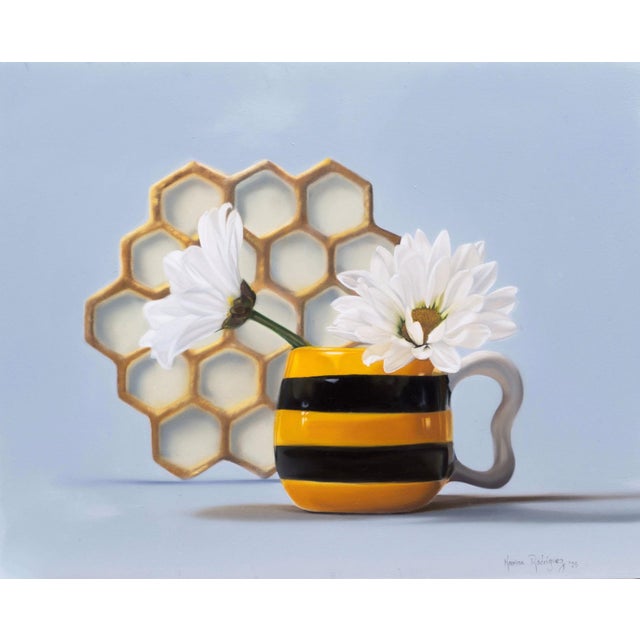 Blooming Days by Karina Rodríguez | Oil on aluminum panel Still life of flowers in a striped mug For Sale
