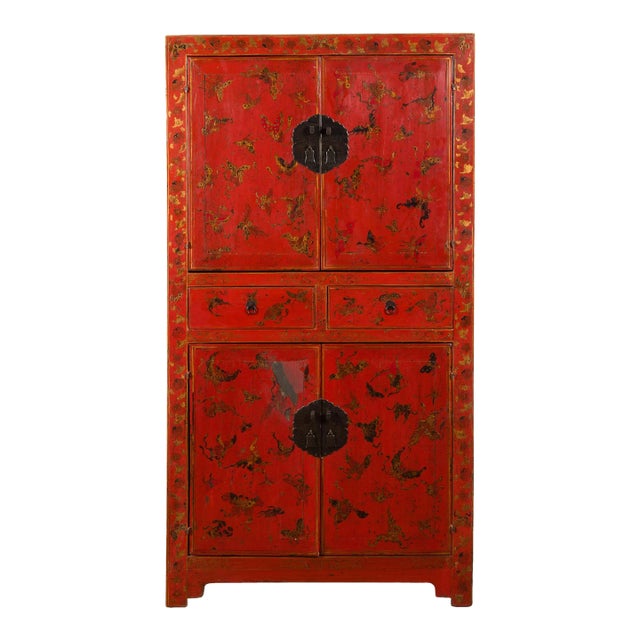 19th Century Chinese Qing Dynasty Red Lacquer Butterfly Décor Cabinet For Sale